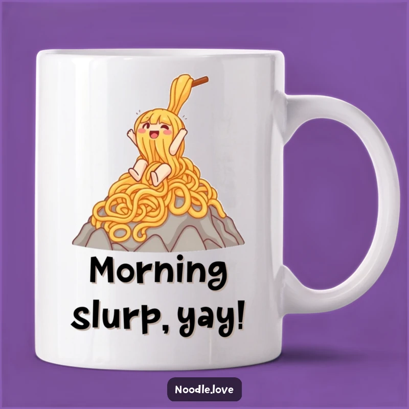 Funny Noodle Slide Mug: Gleeful Character on Noodle Mountain - Perfect Funny Gift!