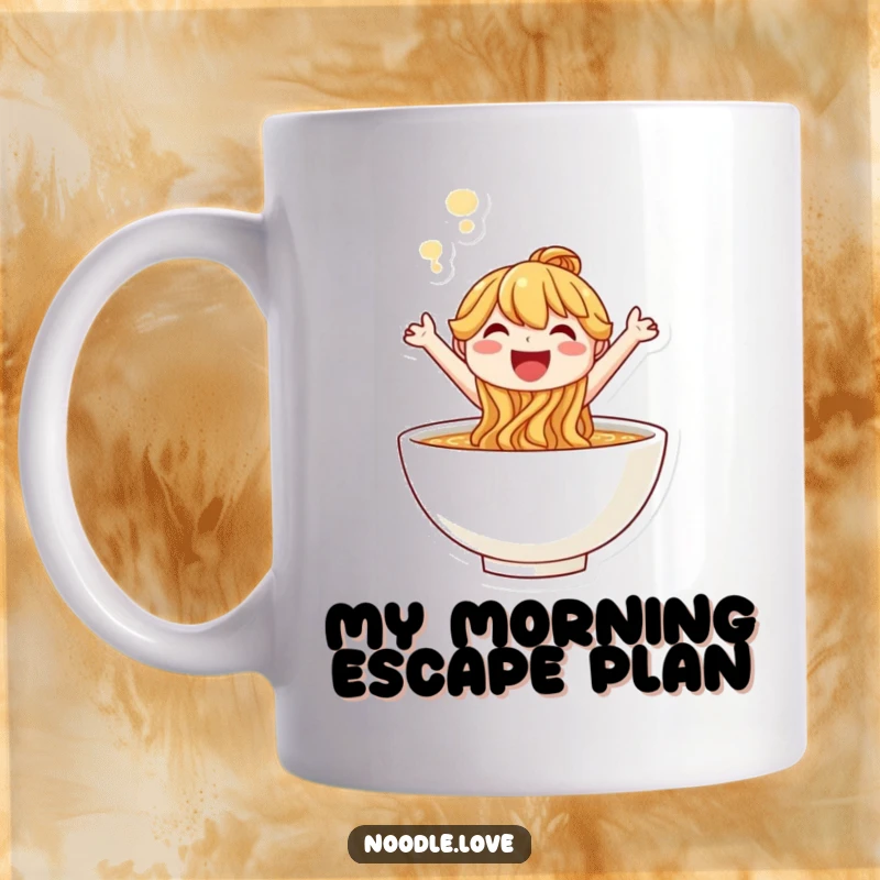 Funny smiling noodle character leaping joyfully out of a steaming bowl, delicious food art.