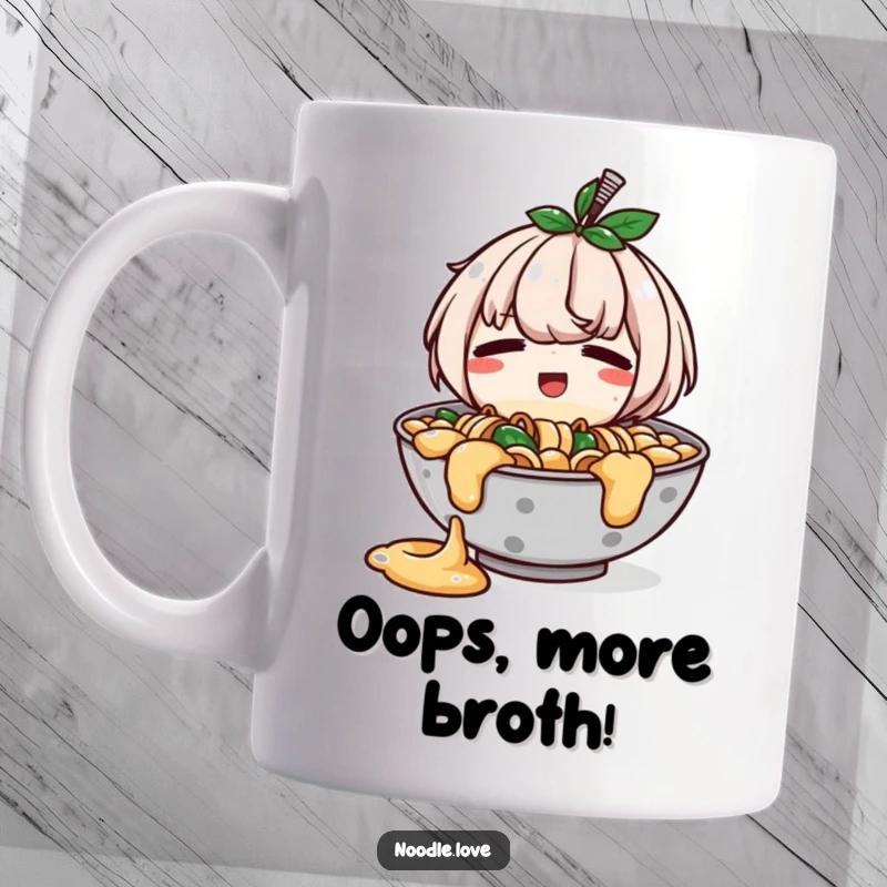 Funny mug showing a ramen bowl character slightly spilling, looking both embarrassed and happy, celebrating charming mishaps.