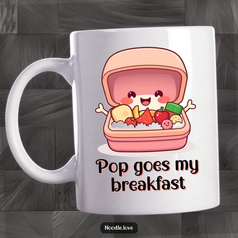 Funny bento box mug with a cheerful character opening with a pop, revealing tiny smiling food items inside.