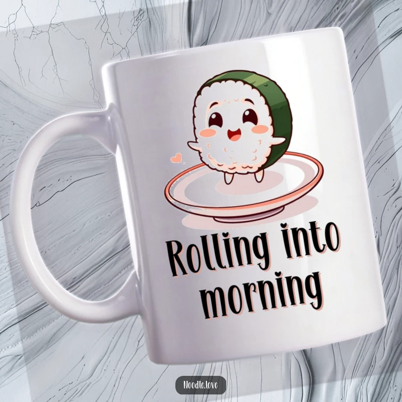 Funny mug with a smiling sushi character joyfully spinning on a plate, expressing pure delight and happiness.