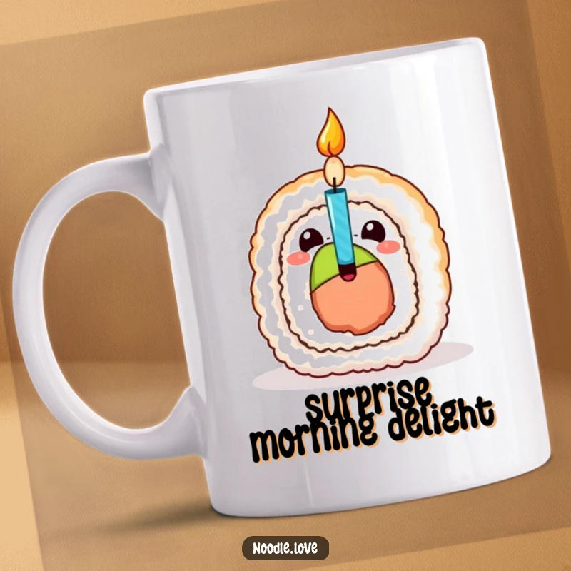 Funny Sushi Birthday Candle Mug, a cute sushi roll character bursting open with a lit birthday candle, ready for celebration.
