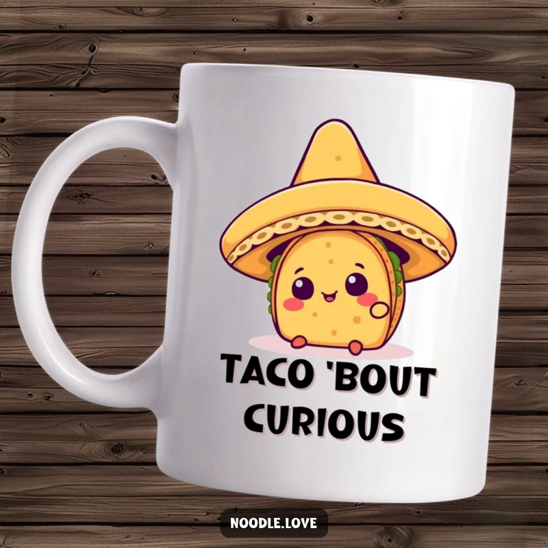 Funny Kawaii taco character curiously peeking from beneath a large, festive sombrero, on a ceramic mug.
