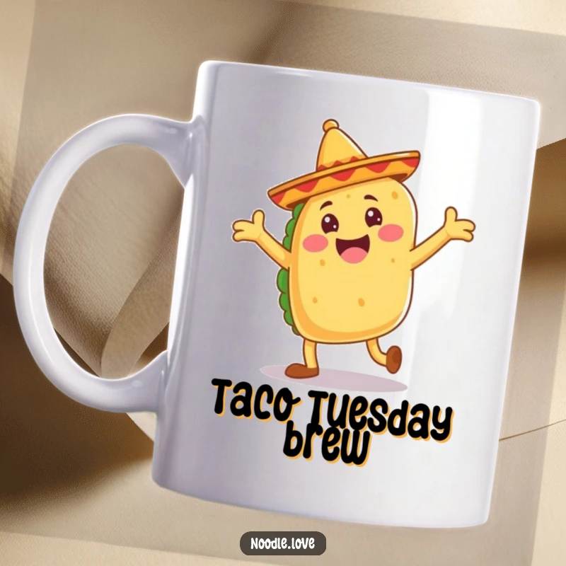 Funny taco mug, a jubilant taco with floppy sombrero legs doing a joyful dance, fiesta humor, food gift.