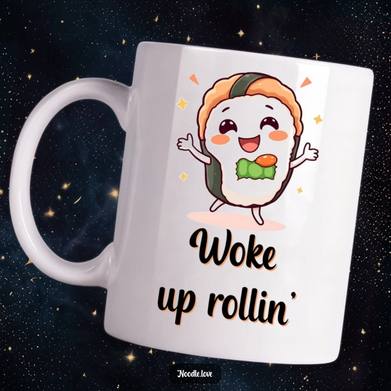 Funny Sushi Dance Mug: Gleeful sushi character with a happy face performs a silly dance, a humorous and appetizing design.