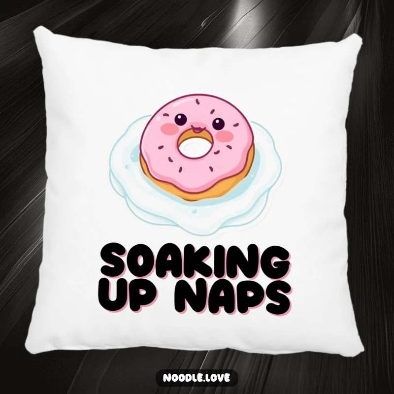 Funny donut character pillow, depicted floating in a milk pool, offering plush comfort and a sweet, delightful touch of humor.