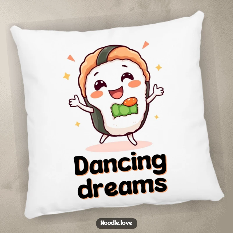 Funny Sushi Dance Pillow: A soft pillow featuring a gleeful sushi character dancing happily, bringing comfort and food humor.