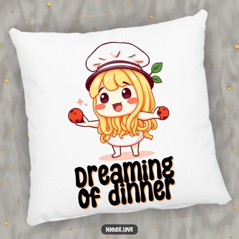 Funny Noodle Character Chef Juggling Meatballs Pillow - Soft cushion with a culinary design, charming funny gift.