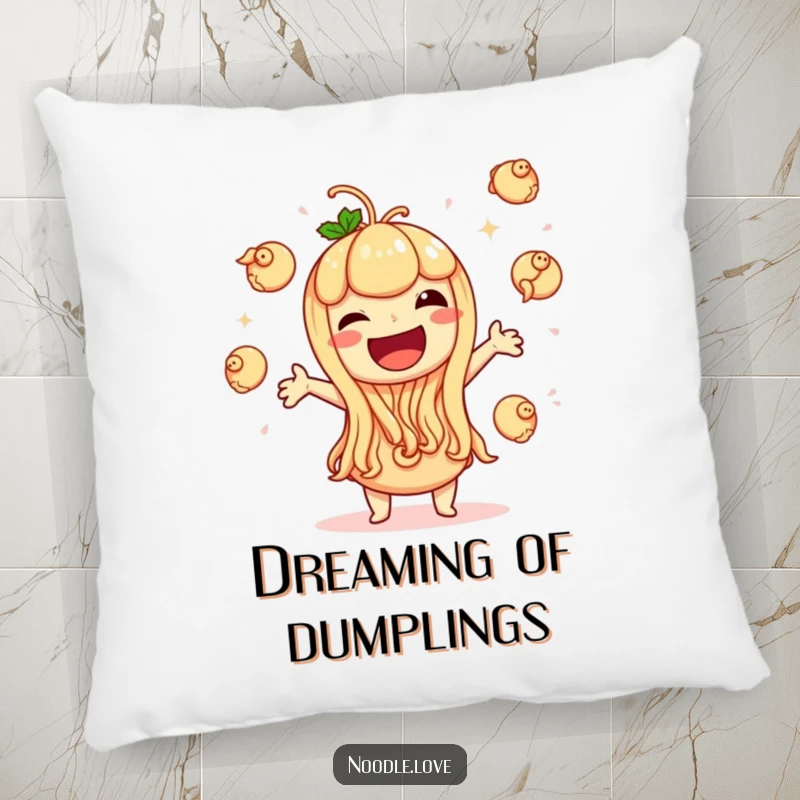 Funny pillow featuring a noodle character giggling with extreme glee while juggling tiny dumplings, adding a touch of playful joy.
