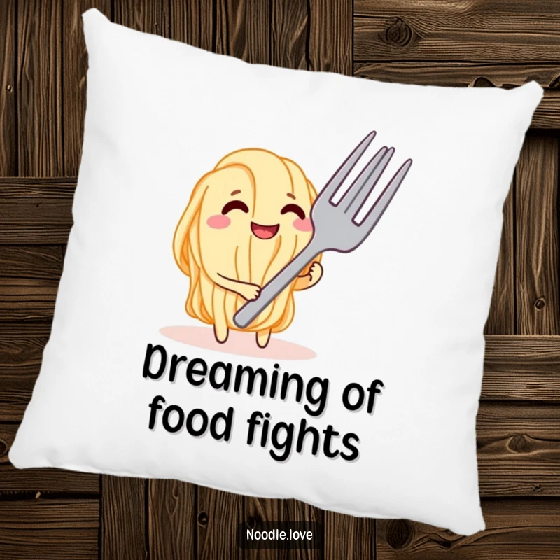 Funny Noodle Tease Pillow, depicting a cheeky noodle character playfully confronting a large fork, ideal for cozy and humorous relaxation.
