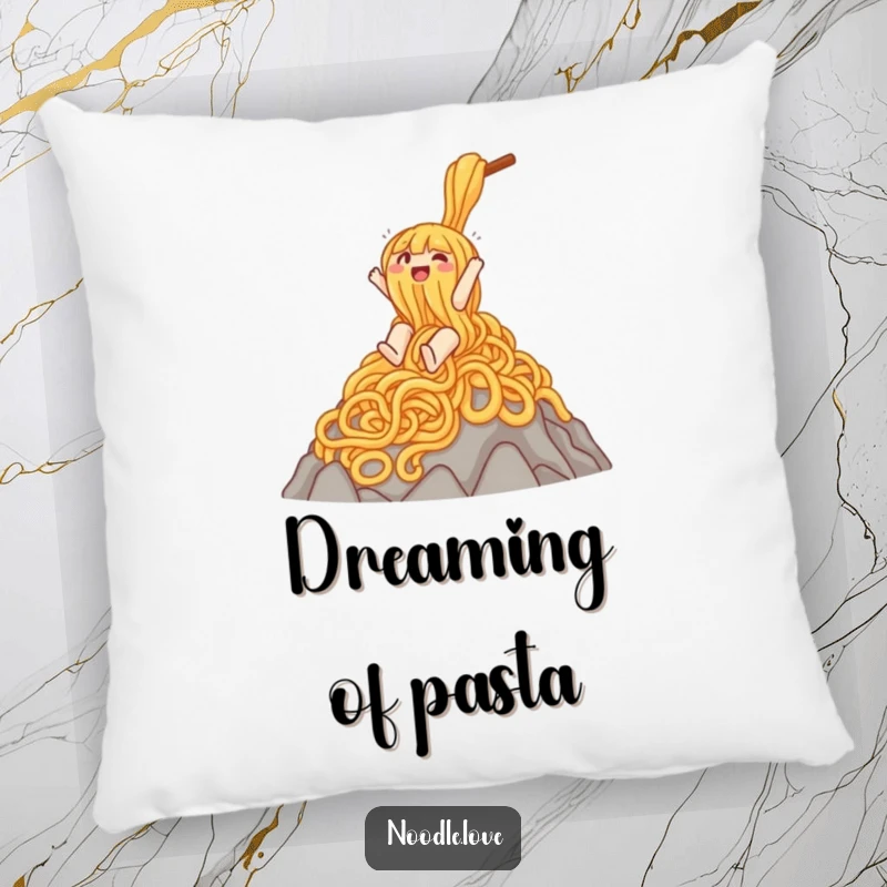 Funny pillow featuring a gleeful noodle character joyfully sliding down a mountain of noodles, perfect for adding comfort and humor.
