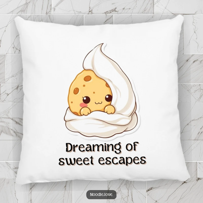 Funny Kawaii cookie character hiding behind cream, depicted on a soft pillow, perfect for cozy relaxation and sweet-themed decor.