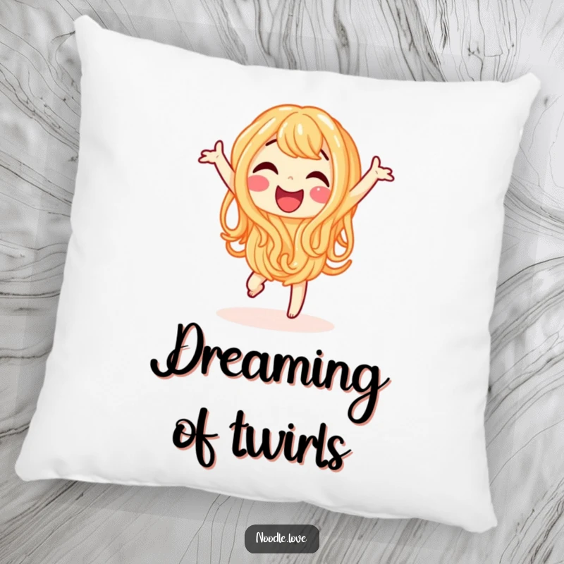 Funny pillow showcasing a happy noodle character joyfully doing a little dance, soft and huggable.