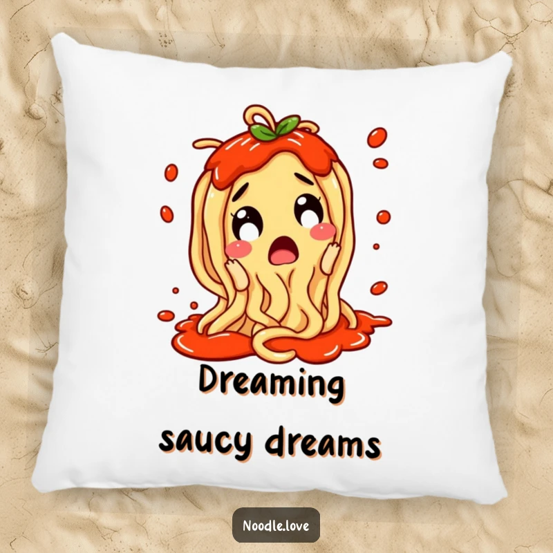 Funny Noodle Pillow: A soft pillow featuring a surprised noodle character wiggling with excitement and sauce splatters.