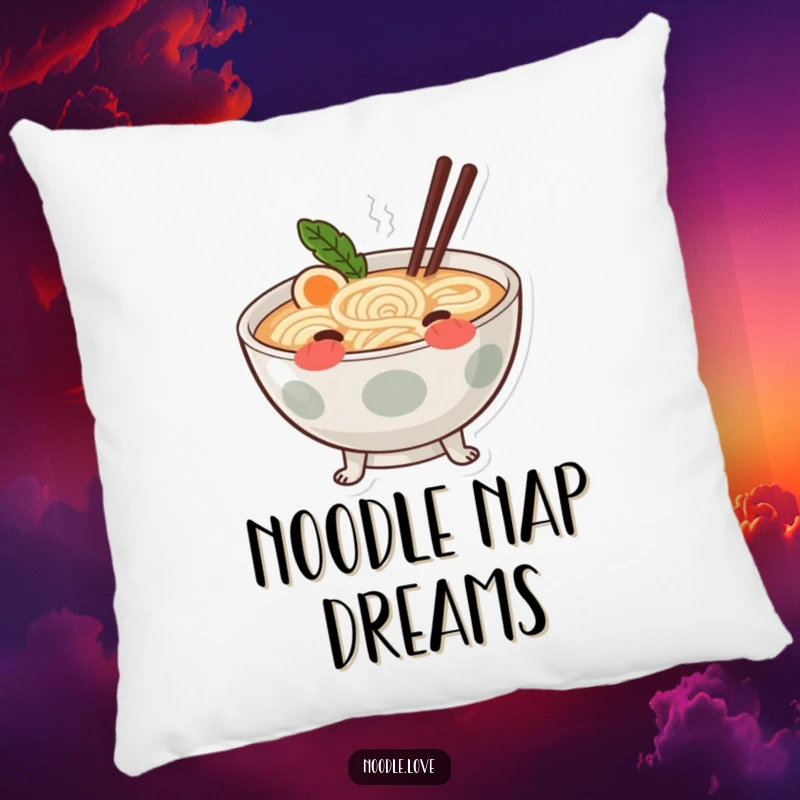 Funny blushing ramen pillow with a cute ramen bowl on tiny noodle legs, blushing adorably.