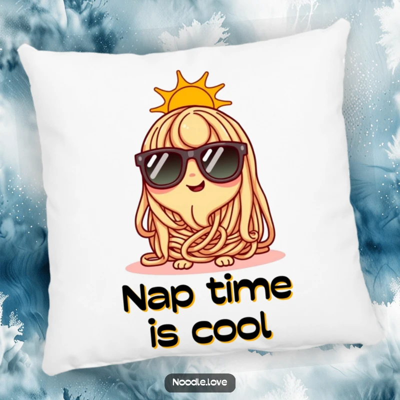Funny happy noodle character wearing tiny sunglasses on a sunny day, cozy accent pillow.