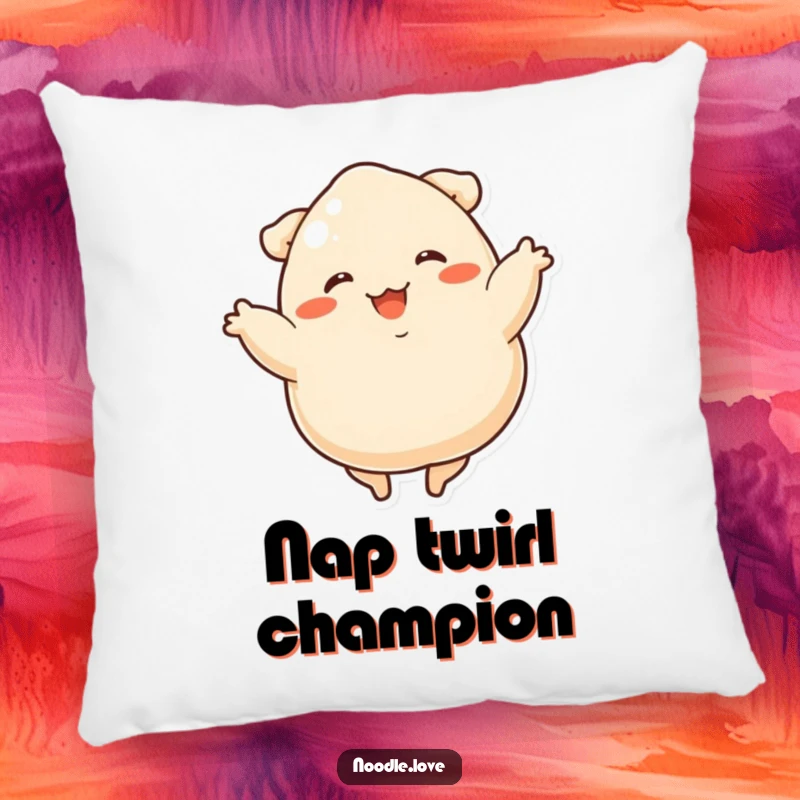 Funny dumpling dancer pillow with a delighted, stubby-legged dumpling spinning energetically, perfect for cozy spaces.