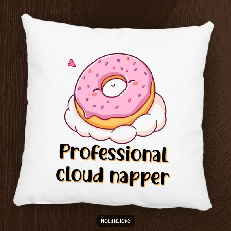 Funny Kawaii donut character peacefully sleeping on a cloud, designed as a soft and humorous decorative pillow for couches and beds.
