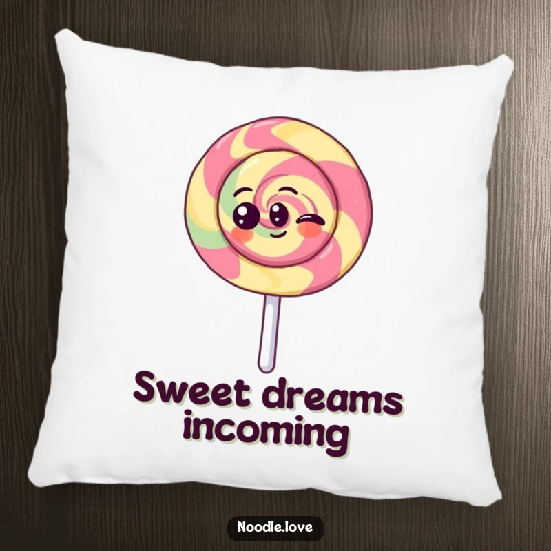 Funny Kawaii lollipop character spinning with joy, designed as a soft and humorous decorative pillow, perfect for relaxation.