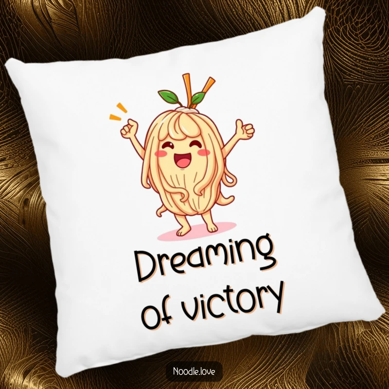 Funny Kawaii noodle character frozen mid-victory dance, printed on a plush, decorative pillow.