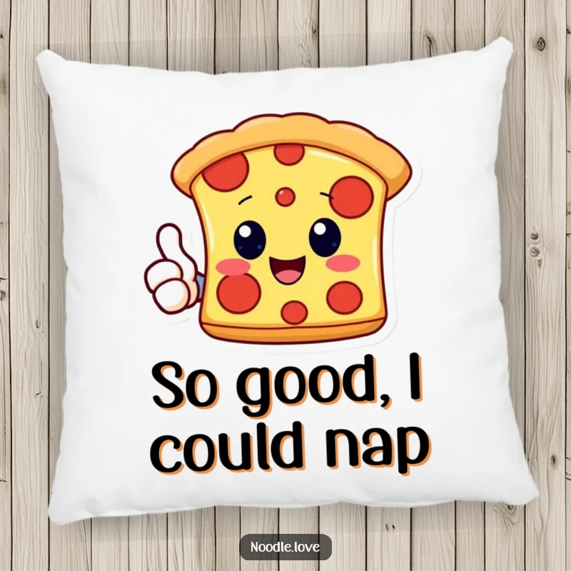 Funny Kawaii pizza slice character giving a thumbs up, designed as a soft and humorous decorative pillow, perfect for lounging.