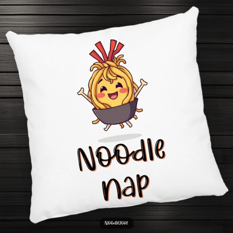 Funny Pillow: Soft cushion featuring a joyful fried noodle character bouncing with delight, adding comfort and humor.