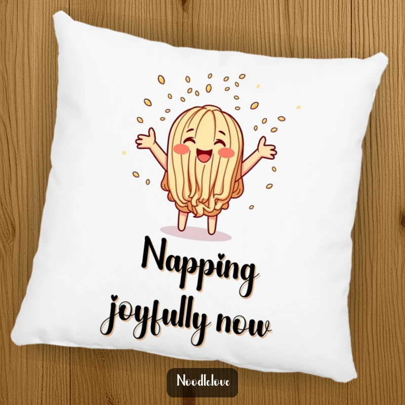 Funny pillow featuring a beaming noodle character scattering sesame seed confetti, providing comfort and a cheerful, humorous accent.