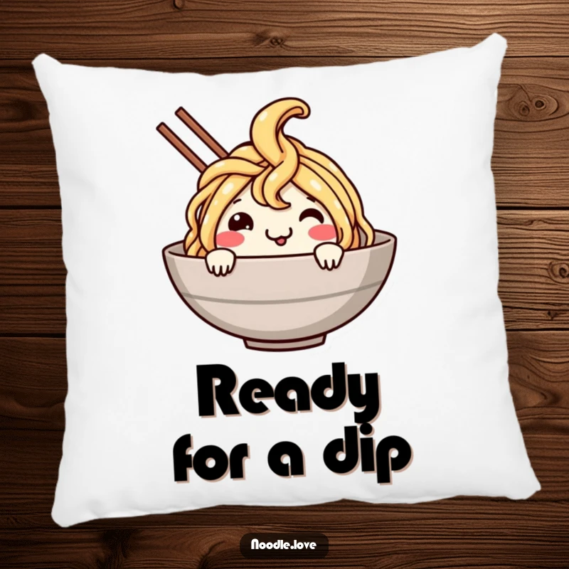 Funny Noodle Dive Pillow: A soft pillow featuring a smiling noodle character cheerfully diving into a bowl, bringing comfort and food humor.