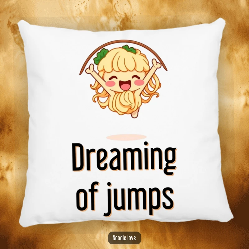 Funny noodle pillow with a jubilant character jumping through a hoop of chopsticks, offering comfort and a dose of food-themed dynamism.
