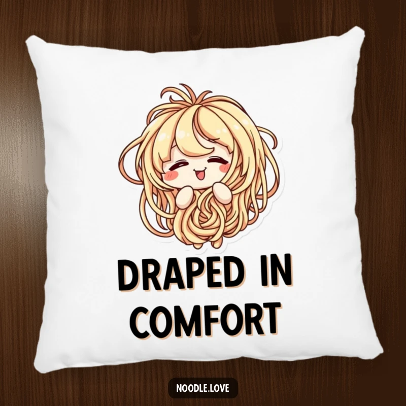 Funny pillow with a cute noodle character amusingly tangled in its own spaghetti strands, offering soft comfort.