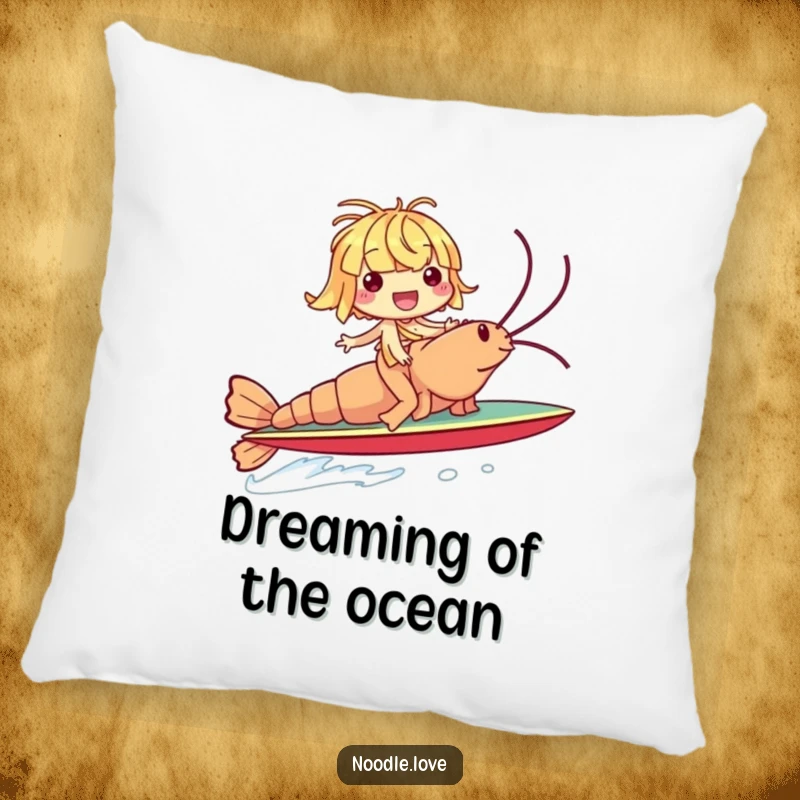 Funny pillow featuring a giggling noodle character riding a giant shrimp like a surfboard, providing comfort and a twist of humor.