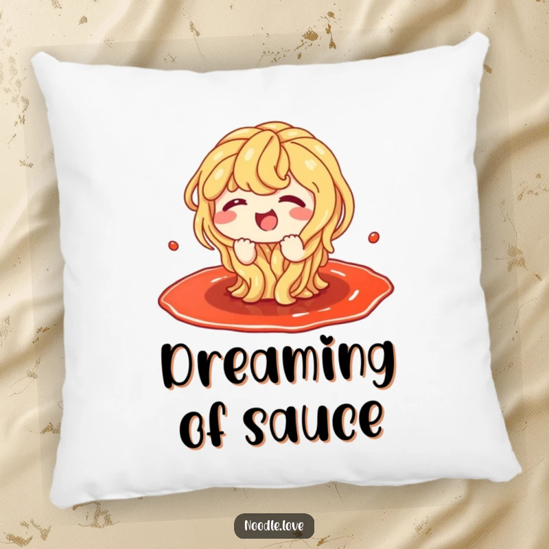 Funny decorative pillow with a cartoon noodle character giggling excitedly while splashing in a large, enticing puddle of sauce.