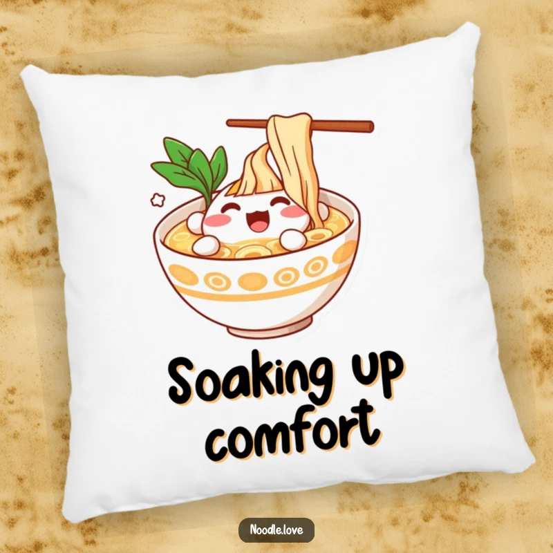 Funny Ramen Bowl Character Splashing Happily in Broth Pillow - Soft cushion with a joyful food design, cozy funny gift.