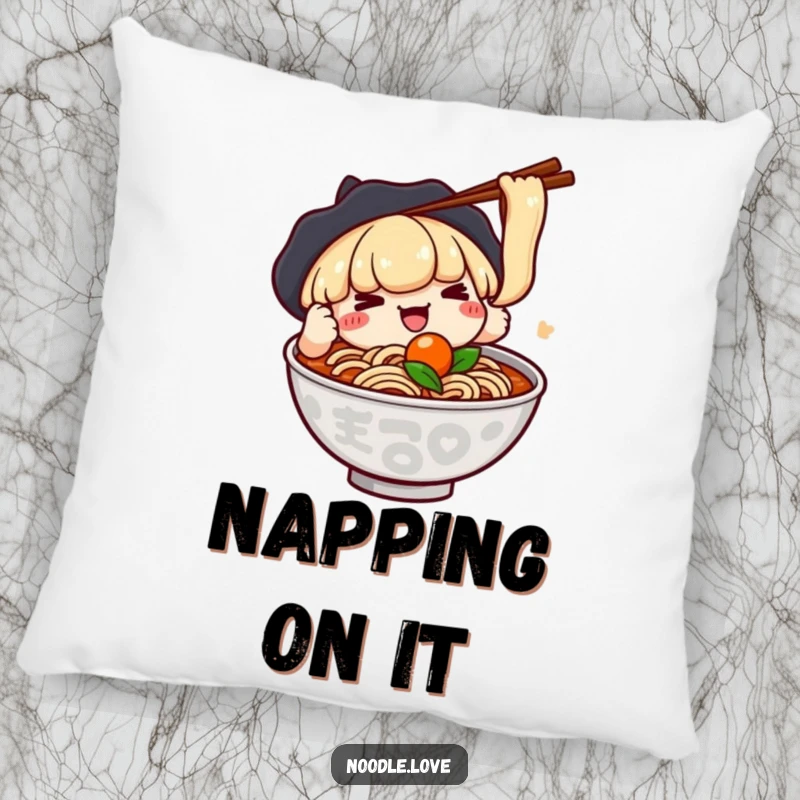 Funny pillow featuring a kawaii ramen character using chopsticks to playfully attempt to grab a floating ingredient, designed for cozy, humorous appeal.
