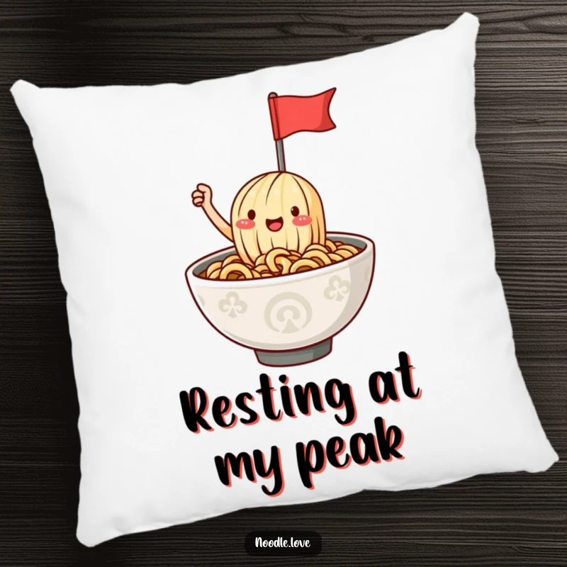 Funny ramen noodle pillow with a happy character waving a tiny flag atop a steaming bowl, offering comfort and a dose of food-themed humor.