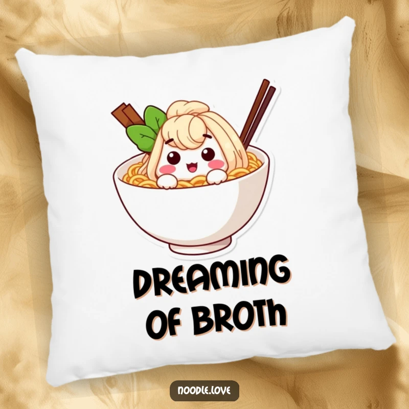 Funny ramen noodle character winking from inside a cozy bowl, a soft and humorous accent pillow for ultimate comfort.