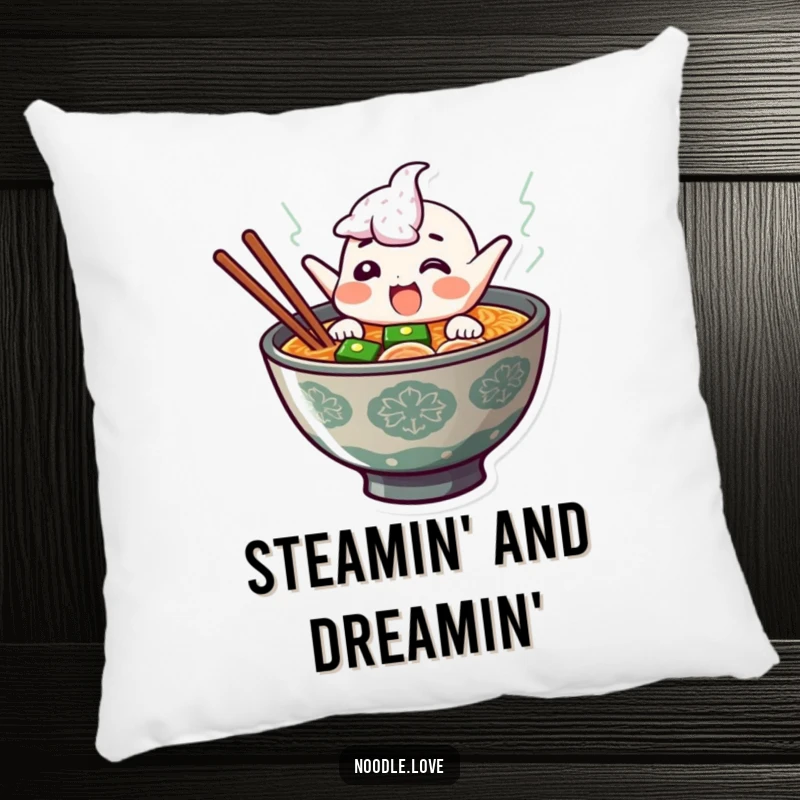 Funny ramen pillow with a giggling character jumping out of steaming broth, offering cozy comfort and a humorous noodle-themed accent.