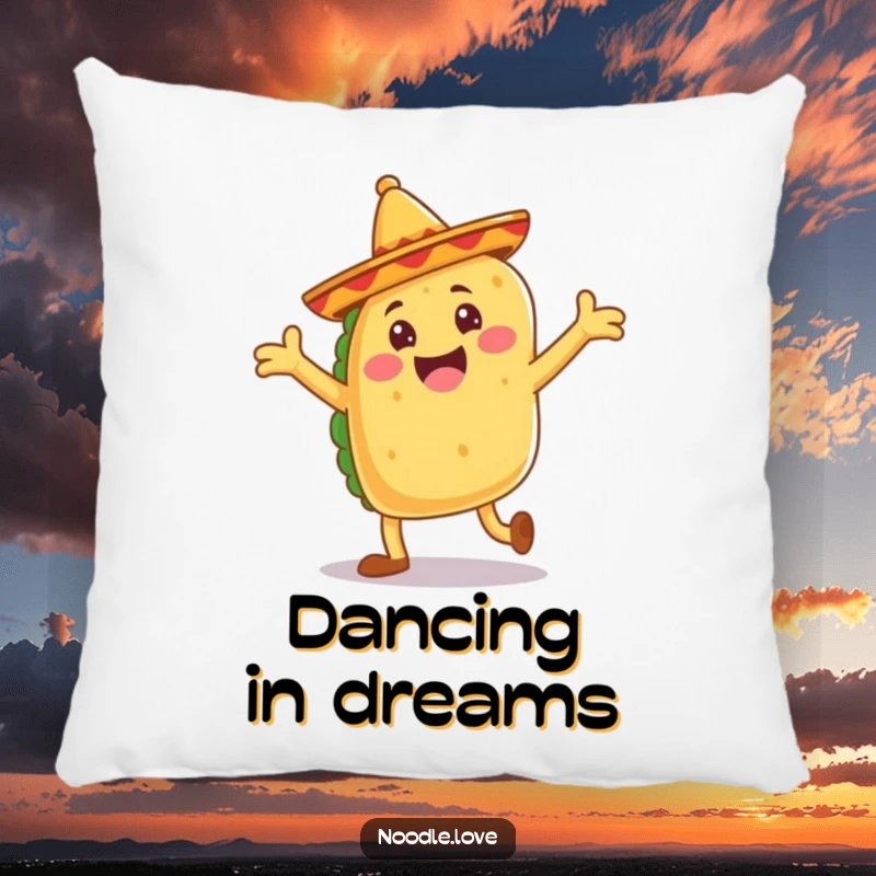 Funny taco pillow, a jubilant taco with floppy sombrero legs dancing, cozy fiesta humor.