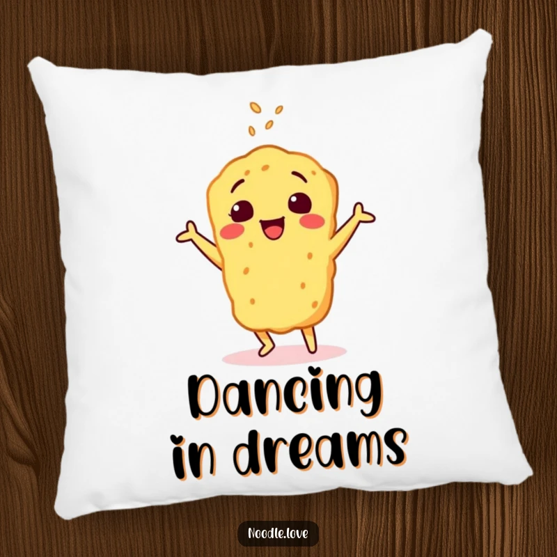 Funny pillow featuring a cheerful tempura character doing a happy dance, sprinkled with sesame seeds, designed for cozy and humorous appeal.
