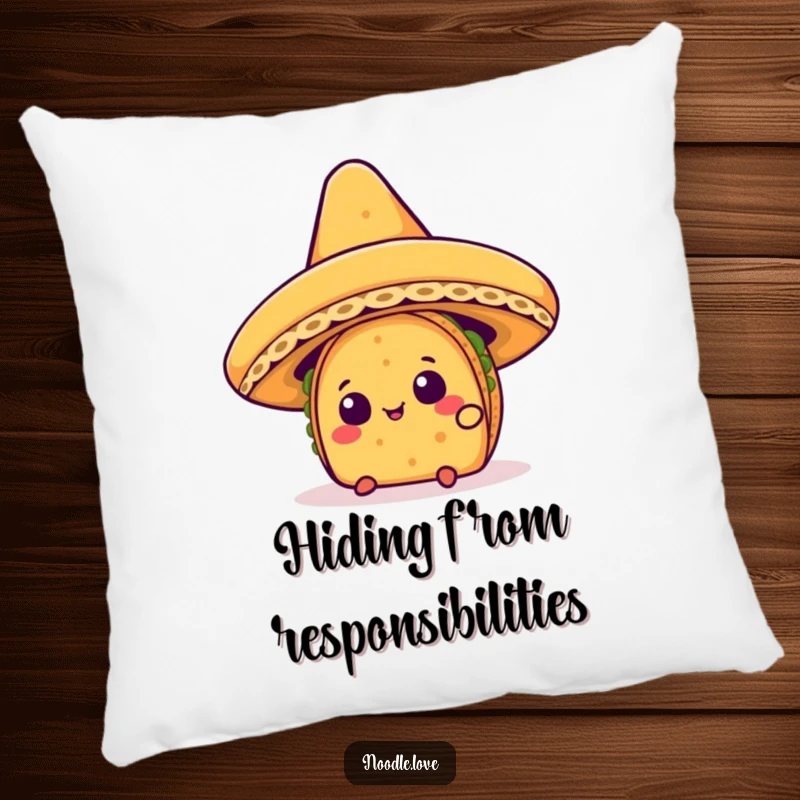 Funny Kawaii taco character curiously peeking from under a giant sombrero, printed on a plush accent pillow.