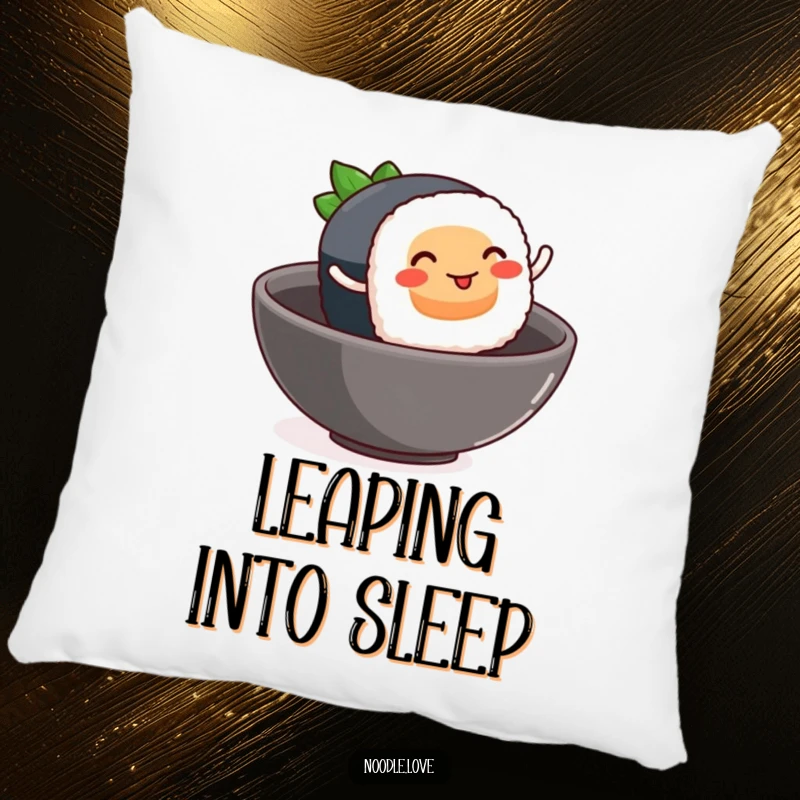 Funny sushi pillow, a smiling sushi piece with tiny rolling legs leaping into a bowl, cozy food humor.