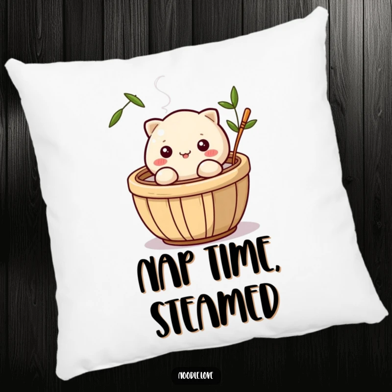 Funny pillow featuring a charming dumpling character winking from a steaming bamboo basket, perfect for adding cozy humor to any room.