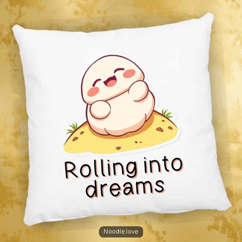 Funny Kawaii dumpling character rolling down a hill with glee, printed on a plush accent pillow.