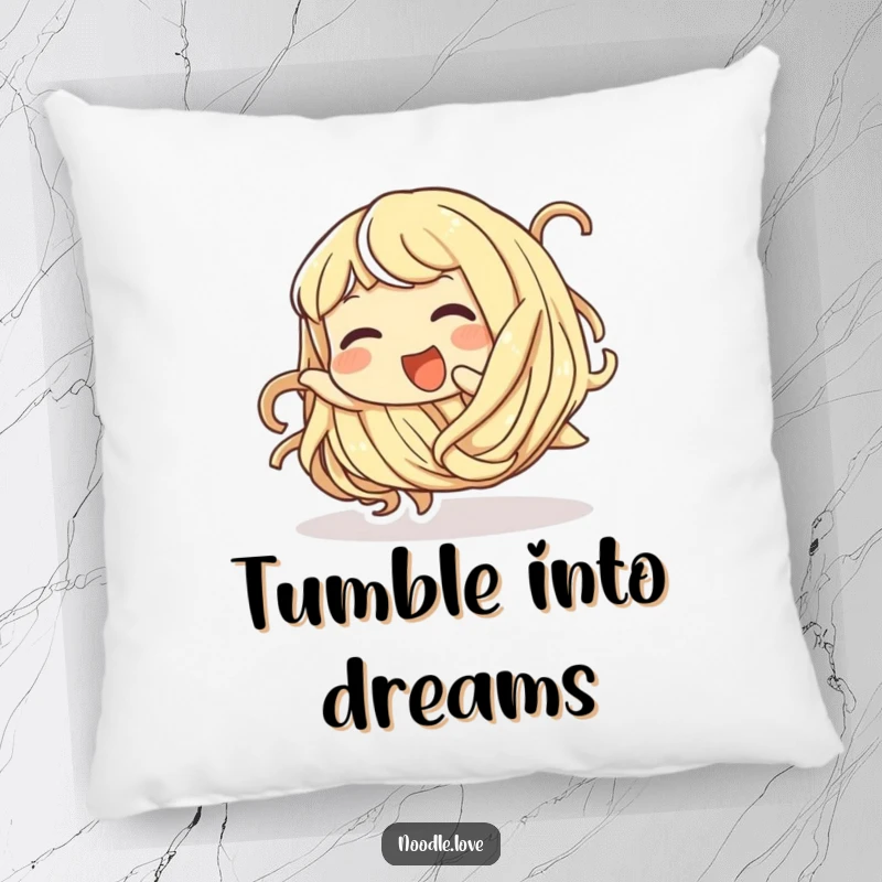 Funny pillow showcasing a giggling noodle character playfully tumbling, soft and huggable.