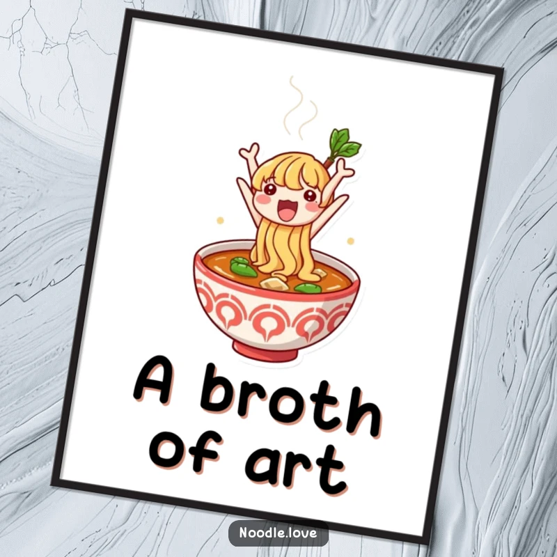 Funny digital art print of a cute noodle character leaping ecstatically from a steaming bowl of broth, perfect for vibrant décor.