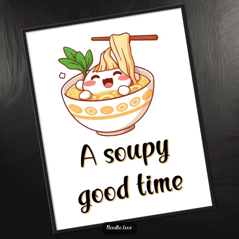Funny Ramen Bowl Character Splashing Happily in Broth Digital Art Print - Joyful food character illustration, instant downloadable funny gift.