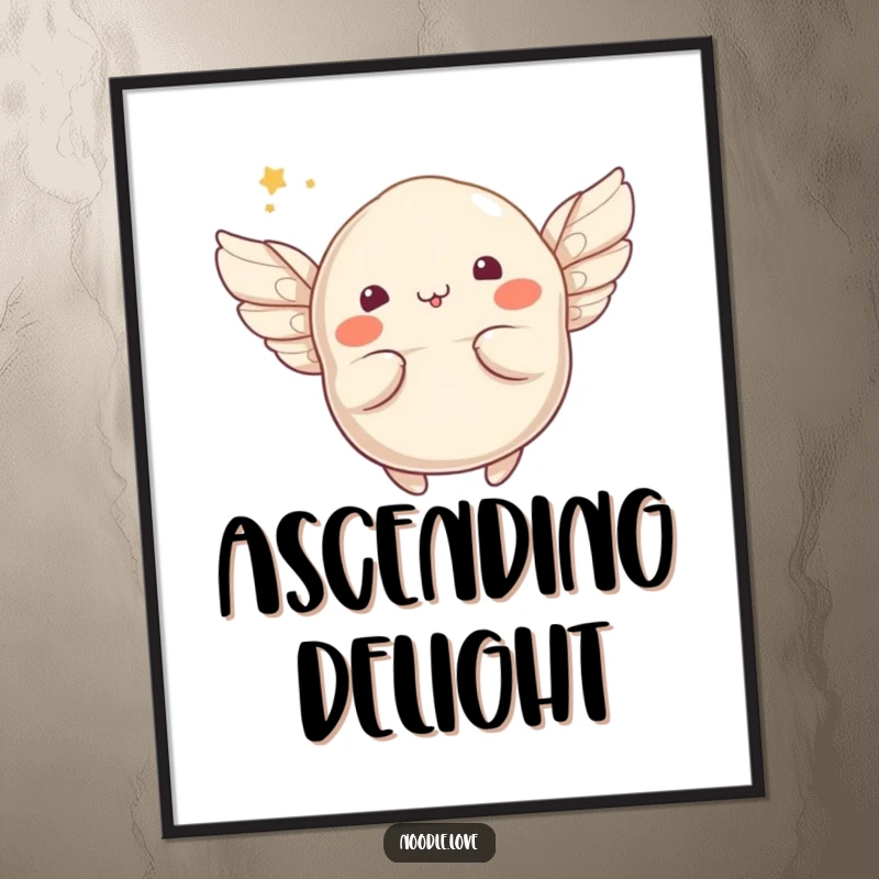 Funny flying dumpling digital art print of a whimsical character sprouting tiny wings and attempting flight, offering instant wall decor and food-themed fantasy.