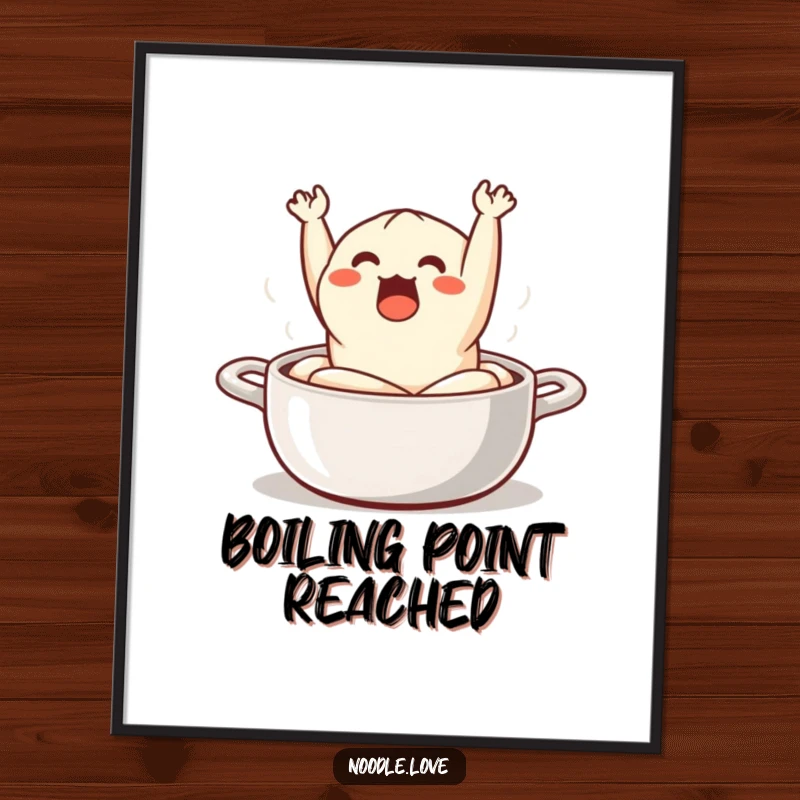 Funny Digital Art: a surprised dumpling comically jumping out of a steaming pot, perfect for lively wall decor.