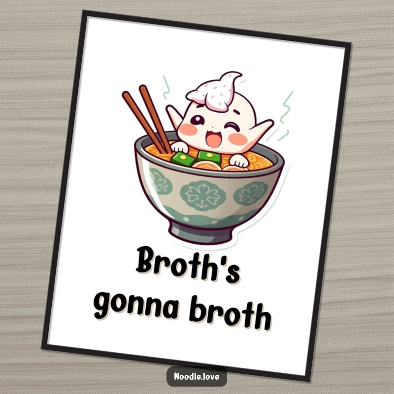 Funny ramen digital art print featuring a giggling character jumping out of steaming broth, perfect for adding humorous noodle vibes.