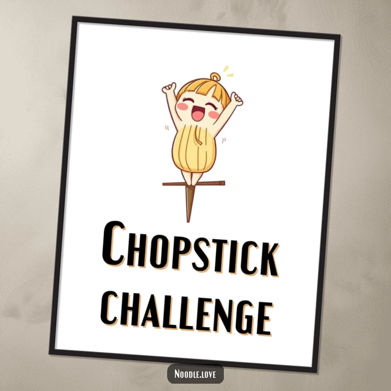 Funny digital art print of a noodle character excitedly doing a headstand on a chopstick, ready for decor.